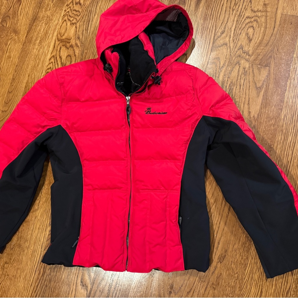 Obermeyer Budweiser Circuit Goose Down Puffer Jacket Size 8 Red Black Hood